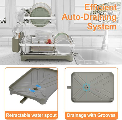 Dish Drying Rack, 2 -Tier 304 Stainless Steel Adjustable Spout Auto-Draining - Image 4