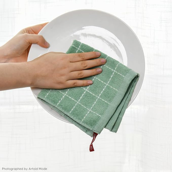 Artoid Mode Checkered Designed Cotton Beige Dark Green Terry Kitchen Dish Cloths - Image 6