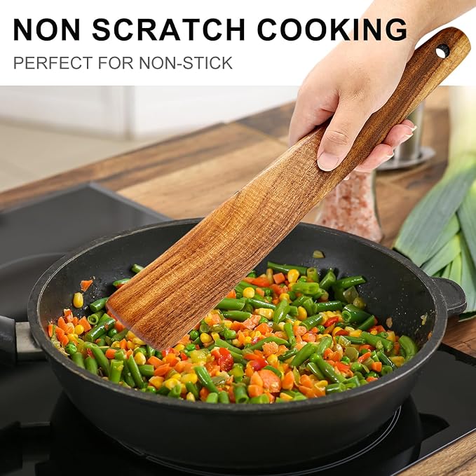 Best Acacia Wood Spatula for Cooking Non Toxic Wooden Kitchen Utensil Set Flat - Image 6