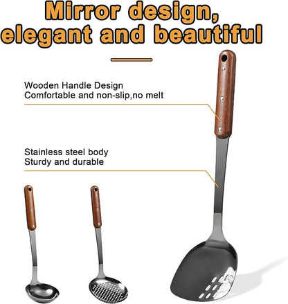 FJNATINH Stainless Steel Wok Spatula, Skimmer Ladle Tool Set, Mirror Polished - Image 2