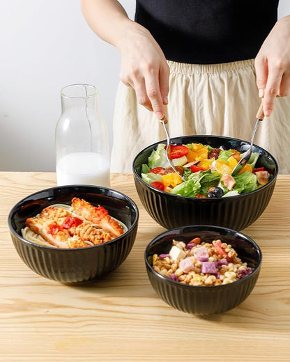 HASENSE Small Mixing Bowls of 3, Porcelain Ribbed Black Bowls 1.5/1/0.5 Qt - Image 4