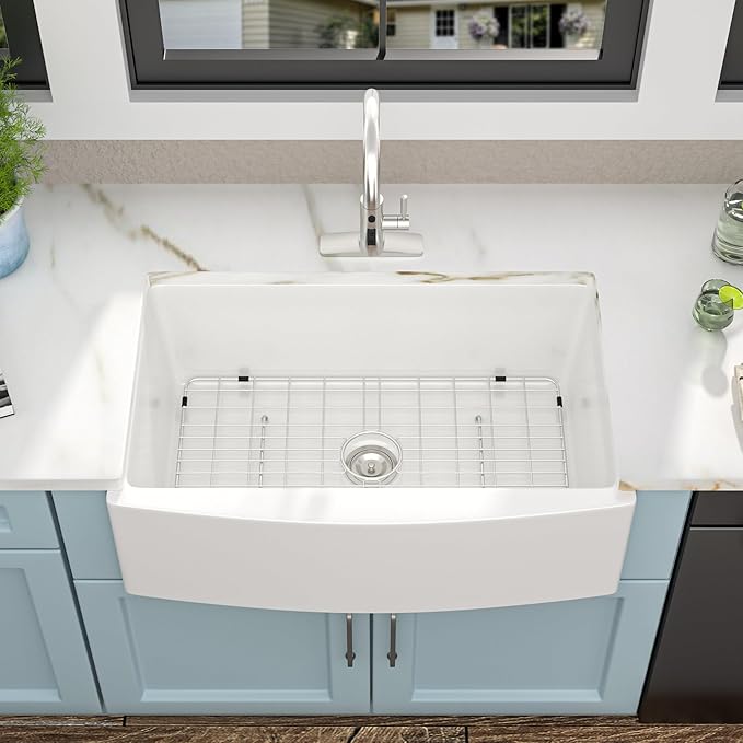 33 White Farm Sink - Fulorni 33"x21" Farmhouse Kitchen Sink Curved Apron Front Ceramic Porcelain Fireclay Single Bowl Farmer Style Basin