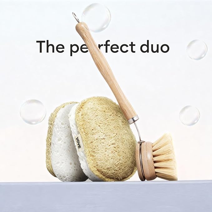 Vove Cleaning Duo, Bamboo Dish Brush Set and Natural Dish Sponges, - Image 2
