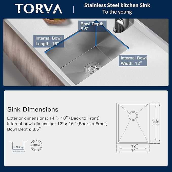 TORVA 14 x 18 Inch Undermount Kitchen Sink, Premium 304 Stainless Steel Bar Sink - 9 Inches Deep Basin Single Bowl Sink