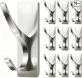 Self Adhesive Coat Hooks for Hanging: Heavy Duty Stainless Wall Hook for Towel, Backpack, Hat, Sturdy Metal Hanger for Bathroom, Bedroom, Door, Brushed Nickel 10 Pack