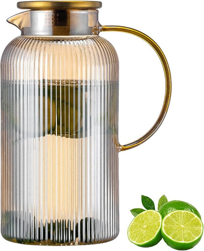 Buaic Glass Pitcher with Lid, 68 oz/ 2 Liter Amber Classic Vertical Stripes by Buaic