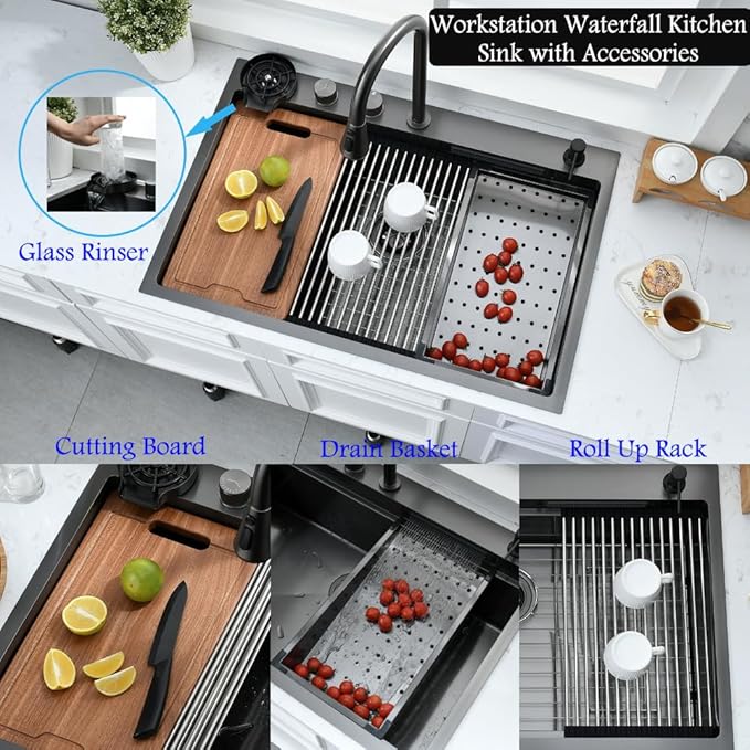 33 Inch Black Waterfall Drop In Kitchen Sink with Fuacet Combo-Bokaiya 33x22 Waterfall Kitchen Sink with Cup Washer Stainess Steel Top Mount 16 Gauge Deep Single Bowl Modern Kitchen Sinks