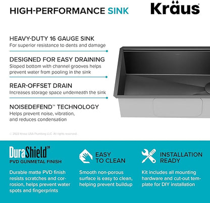 KRAUS Kore Workstation 32-inch Undermount 16 Gauge Black Stainless Steel Single Bowl Kitchen Sink in PVD Gunmetal Finish with Accessories, KWU110-32/PGM