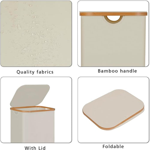 100L Laundry Hamper with Lid, Lagre Basket with Bamboo Handles,Foldable Clothes Hamper Tall Dirty Laundry Basket for Clothes Toys Towels Organizing,Beige