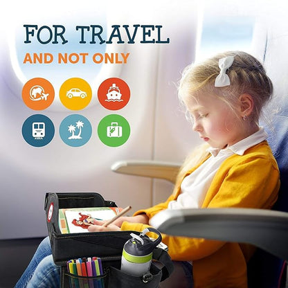 Coolmum Kids Travel Tray, Toddler Car Seat Tray, Double Sided Activity Organizer, Snack Lap Tray, Baby Stroller Table, Airplane Play Table, Waterproof and Foldable (Premium Black)