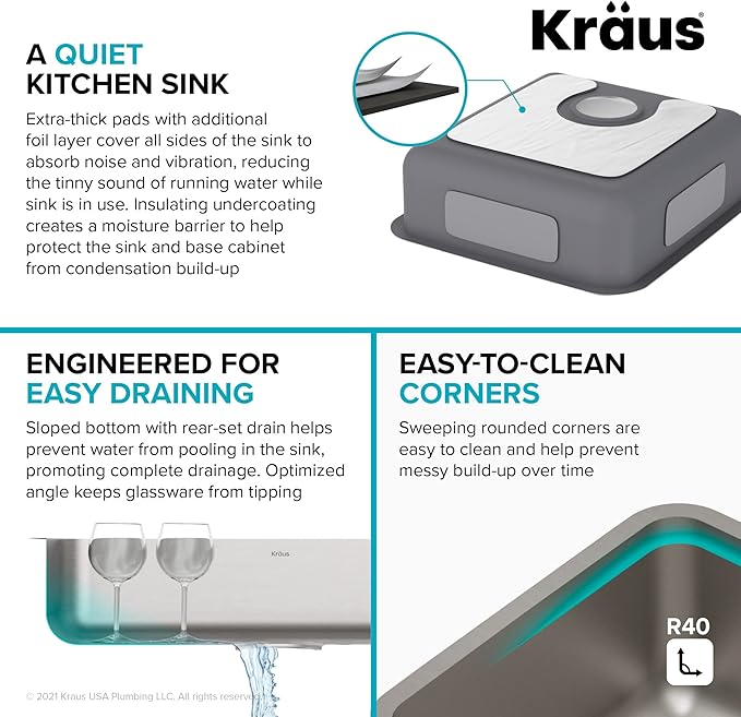 KRAUS Dex 17-inch Undermount 16 Gauge Stainless Steel Single Bowl ADA Kitchen Sink, KA1AS17B