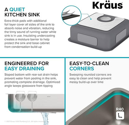 KRAUS Dex 17-inch Undermount 16 Gauge Stainless Steel Single Bowl ADA Kitchen Sink, KA1AS17B
