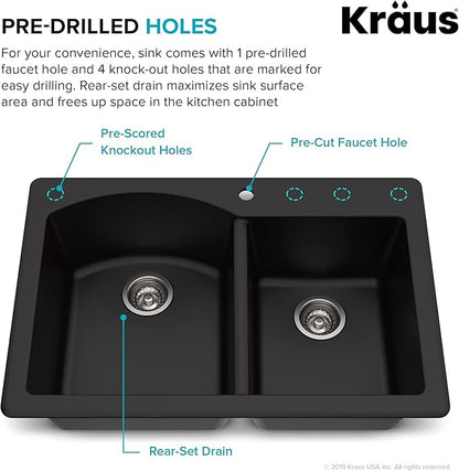 KRAUS Forteza™ 33” Dual Mount 60/40 Double Bowl Granite Kitchen Sink in Black with WasteGuard™ Continuous Feed Garbage Disposal, KGD-50BL-100-75MB