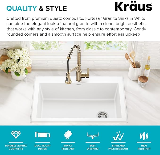 KRAUS Forteza 33-inch Granite Drop In/Undermount Single Bowl White Kitchen Sink, KGD-54WHITE