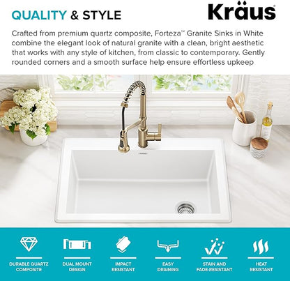 KRAUS Forteza 33-inch Granite Drop In/Undermount Single Bowl White Kitchen Sink, KGD-54WHITE