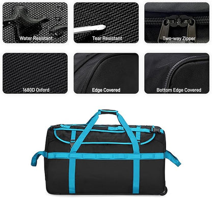 Foldable Rolling Duffle Bag with Wheels, 85L Extra Large Wheeled Travel Duffel, Waterproof Collapsible Weekender Luggage with Rollers for Storage Camping Sports Outdoor, Blue