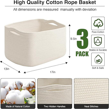 Large Storage Baskets for Organizing Shelves, Woven Cotton Rope Bins for Baby - Image 3