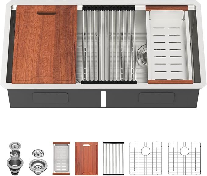 Lordear 36 Inch Undermount Kitchen Sink Double Bowl Stainless Steel Kitchen Sinks 50/50 Low Divided 16 Gauge Undermount Sink 36x19x10 Inch Handmade