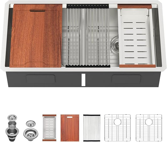 Lordear 36 Inch Undermount Kitchen Sink Double Bowl Stainless Steel Kitchen Sinks 50/50 Low Divided 16 Gauge Undermount Sink 36x19x10 Inch Handmade