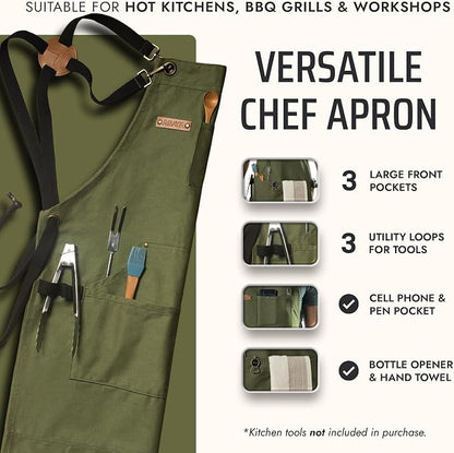 Asaya Chef and BBQ Apron with Bottle Opener and Hand Towel - 10oz Cotton Canvas - Image 2