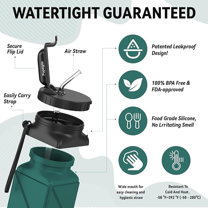 Collapsible Water Bottles 20.6oz Foldable Water Bottle BPA Free Reusable Lightweight LeakProof Travel Silicone Water Bottles for Travel Gym Hiking Camping (Upgrade Dark Green)