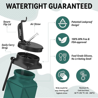 Collapsible Water Bottles 20.6oz Foldable Water Bottle BPA Free Reusable Lightweight LeakProof Travel Silicone Water Bottles for Travel Gym Hiking Camping (Upgrade Dark Green)