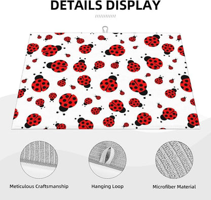 Red Ladybug Dish Drying Mat Cute Small Dots Fun Animal Themed Drying Rack Pad - Image 2