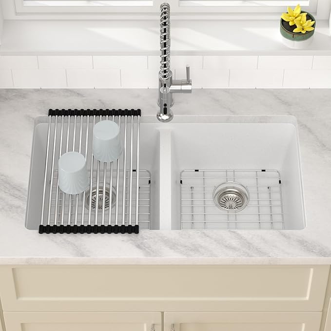 Dcolora 33 Inch Double Bowl Undermount Kitchen Sink White Deep Double Basin Prep Sink 50/50 Split Granite Composite 33"×19"×10“,#DC-GU001W