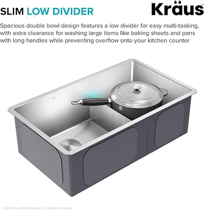 Kraus Kitchen Sinks Undermount - 32 Inch Stainless Steel Kitchen Sink, 60/40 Double Bowl, 16 Gauge, Model KHU103-32