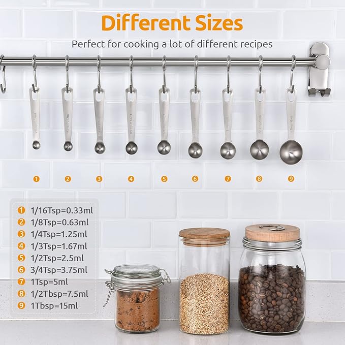 Measuring Spoons: U-Taste 18/8 Stainless Steel Measuring Spoons Set of 9 Piece: 1/16 TSP, 1/8 TSP, 1/4 TSP, 1/3 TSP, 1/2 TSP, 3/4 TSP, 1 TSP, 1/2 tbsp & 1 tbsp Dry and Liquid Ingredients