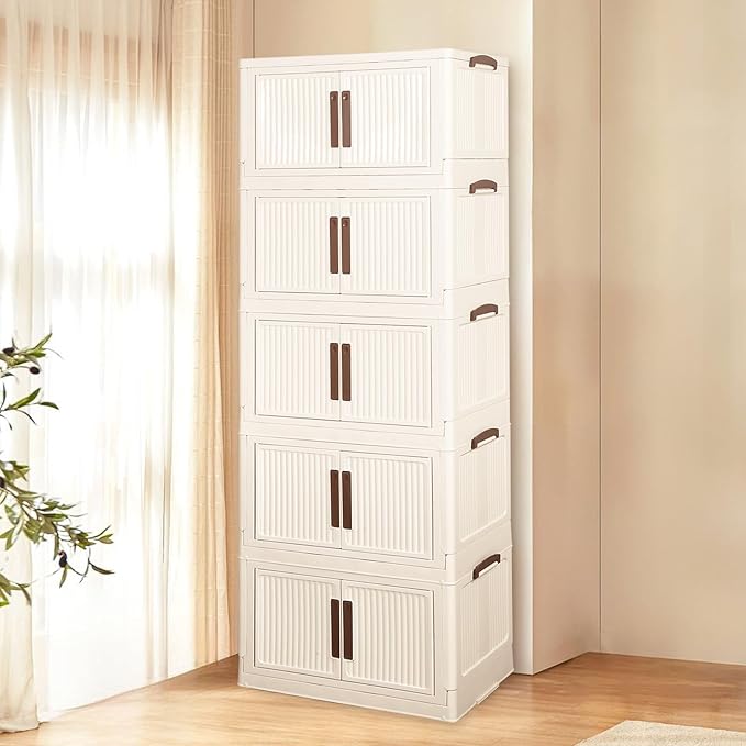 Stackable Storage Bins with Lid 55Gal/220QT Plastic Collapsible Storage Cabinet 5 Tiers Foldable clothes Organizers and Storage bins with Wheels and Doors for Home Office White