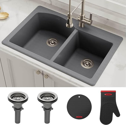 KRAUS Forteza 33-inch Drop In/Undermount 60/40 Double Bowl Granite Kitchen Sink in Grey, KGD-50GREY