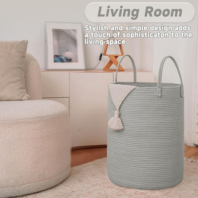 Large Woven Laundry Basket Hamper, 60L Cotton Rope Storage Bin - Image 3