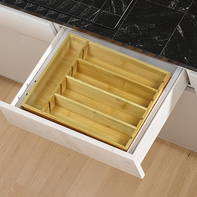 Kitchen Bamboo Drawer Organizer - 5 Slots Total Silverware Organizer for Flatware, Cutlery & Knives. Ideal Utensil Drawer Organizer for Kitchen, Natural
