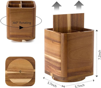 Wood Utensil Holder for Kitchen Counter, 360° Rotating Kitchen Utensil Holder - Image 3