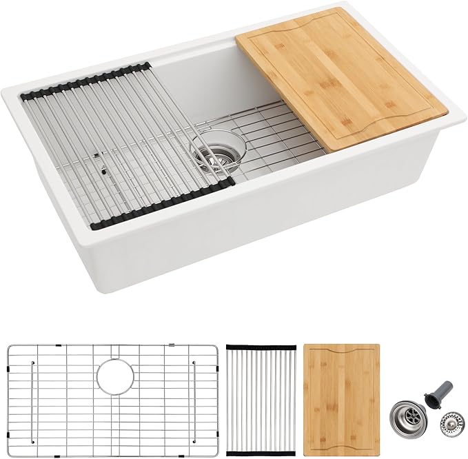 Dcolora 32-Inch Granite Composite White Kitchen Sink, Single Bowl Undermount Workstation Quartz Sink, 32"W x 19"D x 10"H #DC-GU7755