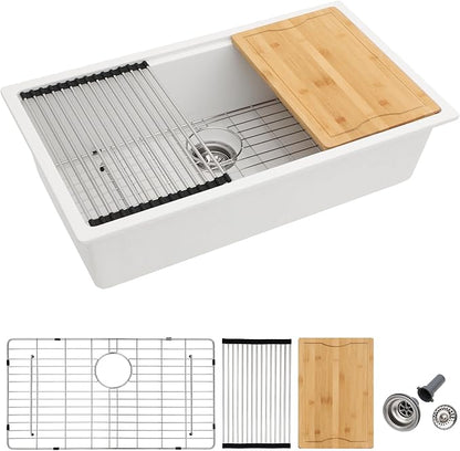 Dcolora 30 Inch White Kitchen Sink Granite Composite Workstation Undermount Quartz Single Bowl Kitchen Sink 30"W x 19"D x 10"H, DC-GU5521