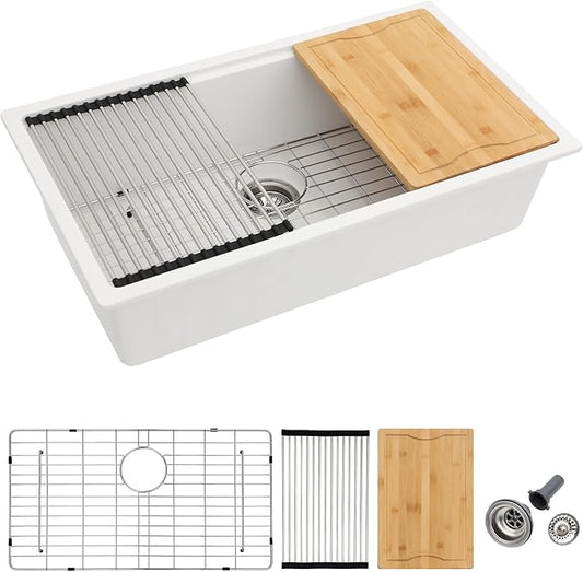 Dcolora 30 Inch White Kitchen Sink Granite Composite Workstation Undermount Quartz Single Bowl Kitchen Sink 30"W x 19"D x 10"H, DC-GU5521