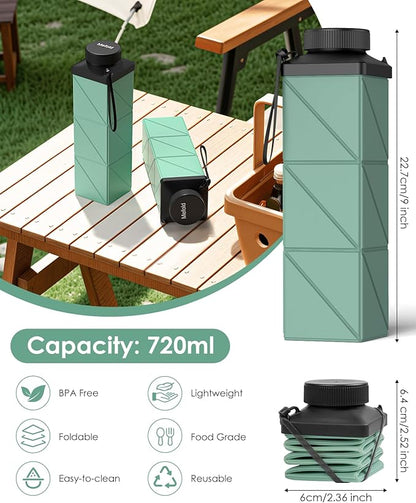 Collapsible Water Bottle, 2nd Generation Leakproof BPA-Free Travel 24.3oz(720ml), Lightweight Reusable, Portable for Travel Cycling Gym Camping Sports, Green