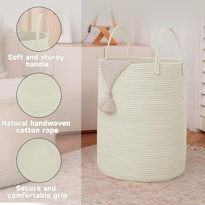 Large Woven Laundry Basket Hamper, 60L Cotton Rope Storage Bin - Image 6