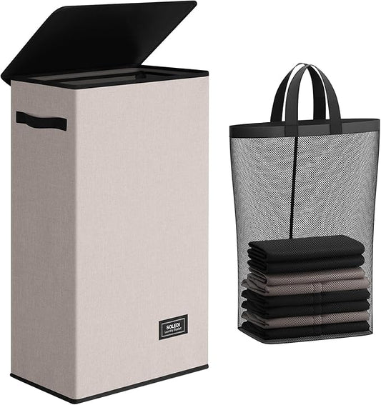 SOLEDI Slim Laundry Hamper with Lid, Narrow Laundry Basket with Removable Bags, Dirty Clothes Hamper with handle, Small Hamper perfect for Laundry room, Bathroom, Bedroom, Small spaces.Light taupe