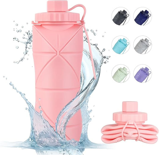 YCT Collapsible Silicone Travel Water Bottle 20oz (600ml), Reuseable Leakproof BPA Free Foldable Sports Bottle, with Carrying Strap, Pink