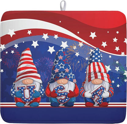 Kawani 4th of July Dish Drying Mat 16x18 Inch Spring Summer Patrioti Gnome by Kawani