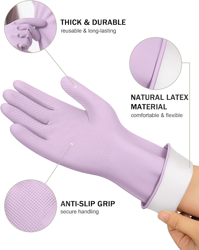 Rubber Cleaning Dishwashing Gloves 4 Pairs Reusable Kitchen Glove for Washing Dishes & Household Bathroom Cleaning Dish Gloves with Flock Lining Anti-Slip Grip Waterproof Thick Long-lasting Colorful S