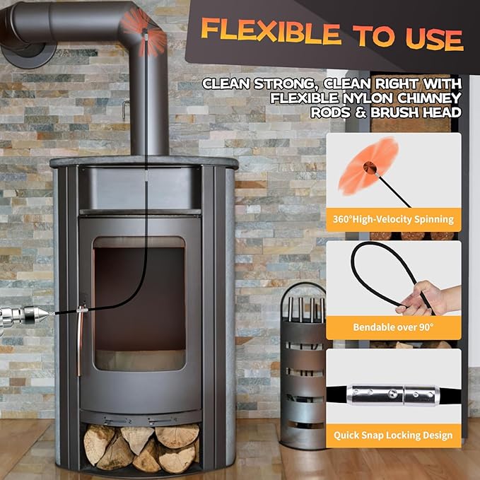 39 Feet Chimney Sweep Kit, Chimney Cleaning Kit with 12 Flexible Black Chimney Rods, Chimney Brush for Sweeping Fireplace, Rotary Chimney Cleaning System Driven by Drill