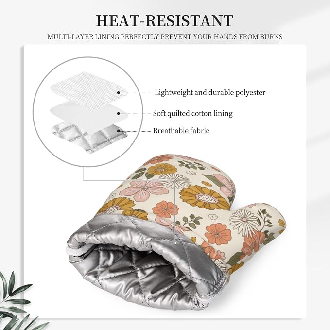 Retro 70s Style Flower Oven Mitts and Pot Holders Set of 4 Silicone Retro Boho - Image 4