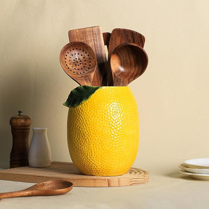 Lemon Shaped Ceramic Kitchen Utensil Holder, Large Cooking Utensil Crocks - Image 5
