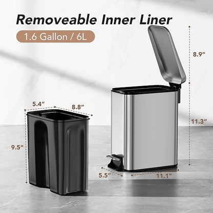 Small Trash Can with Lid Soft-Close, 6 L/1.6 Gal Bathroom Garbage Can with - Image 2