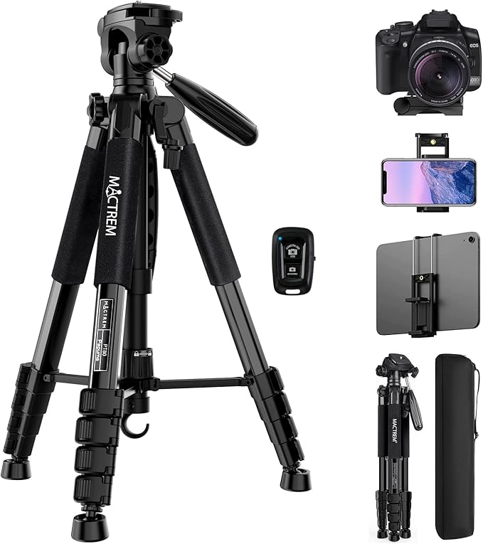 MACTREM 75 Inch Camera Tripod for Sony Canon Nikon, Lightweight Travel Video Aluminum Tripod Stand with Cell Phone Mount for iPad Phone