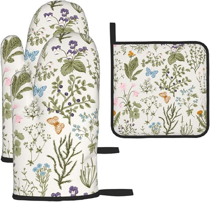 Vintage Floral Oven Mitts and Pot Holders Sets of 3 Cute Botanic Hot Pads Herbs by Unknown
